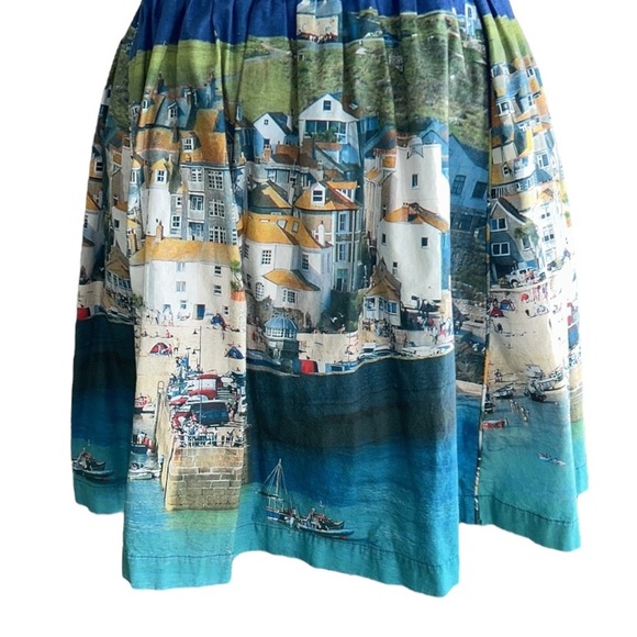 Boden Italy Beach Seaside Scene Printed Pleated Flared Circle Slip Skirt - 12 - Picture 12 of 15